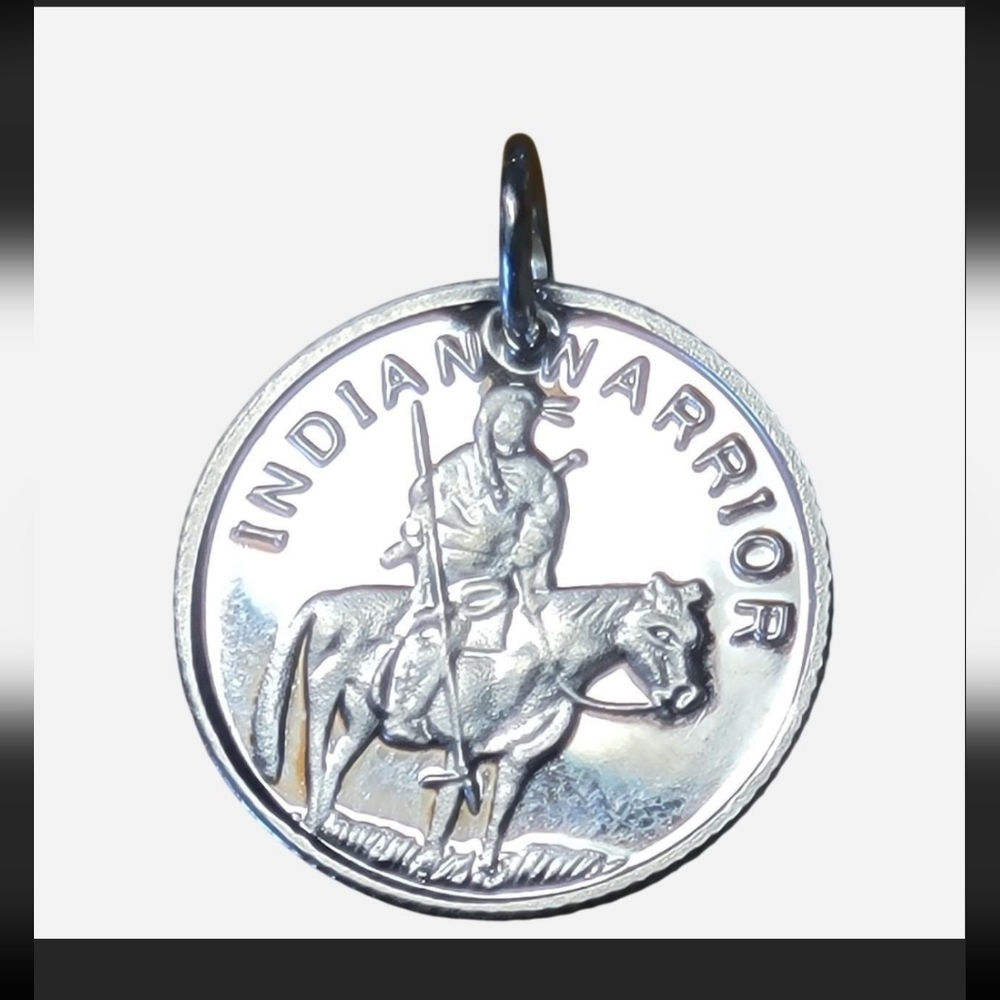 999 fine silver Indian warrior  - New - 17mm - 925 Sterling Silver Bail. - High